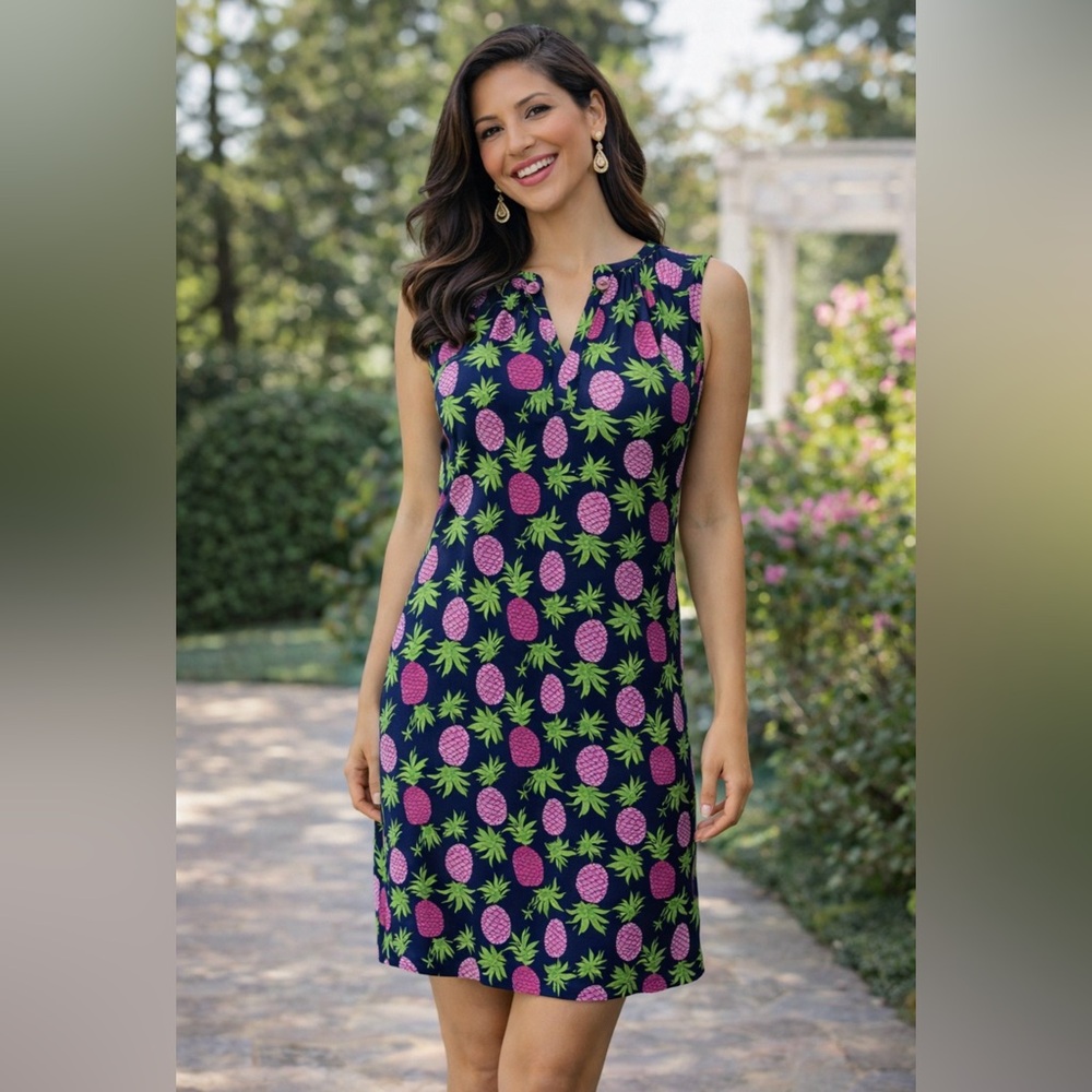 Tracy Negoshian Dress Blue Pink Green Medium Washable 6 8 10 Pineapple